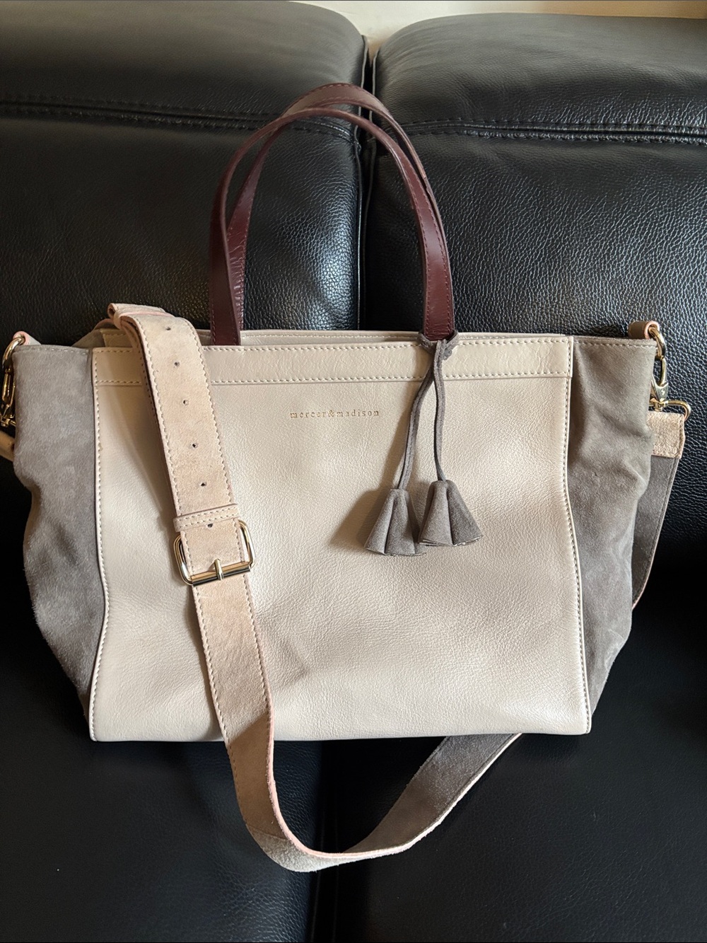 mercer & madison Two-Tone Beige and Brown Leather Tote with Tassel